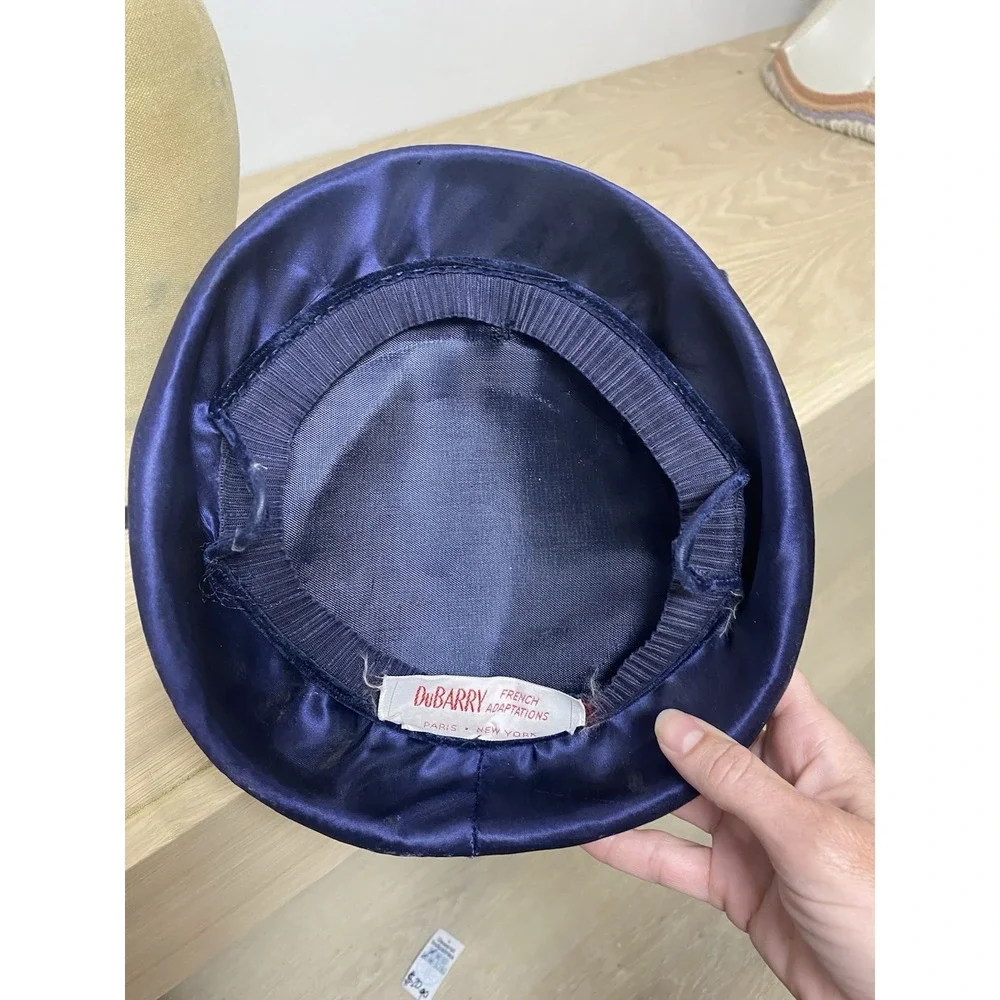 VTG Navy Blue Velvet Women's Hat With Satin Trim 40's/50's Rhinestone Bow EUC